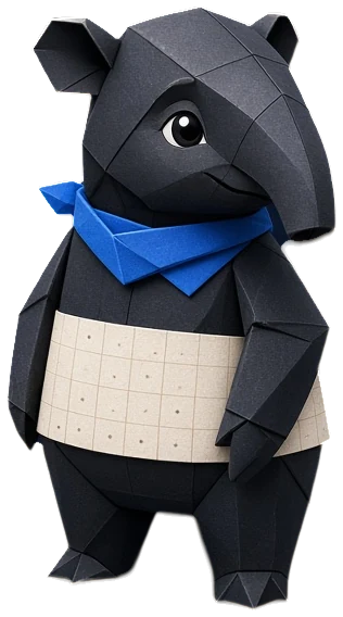 Kai, a folded-paper tapir in black and cream wearing a blue scarf