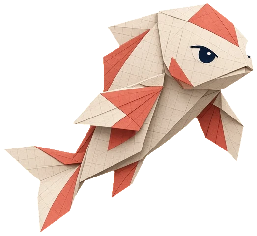 Koi, a folded-paper koi fish in coral and cream, swimming