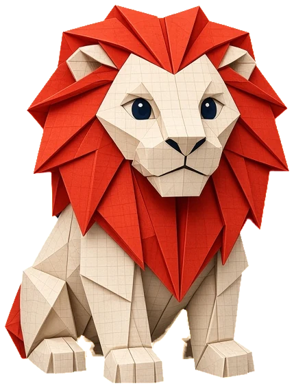 Leo, a folded-paper lion with a red mane, sitting